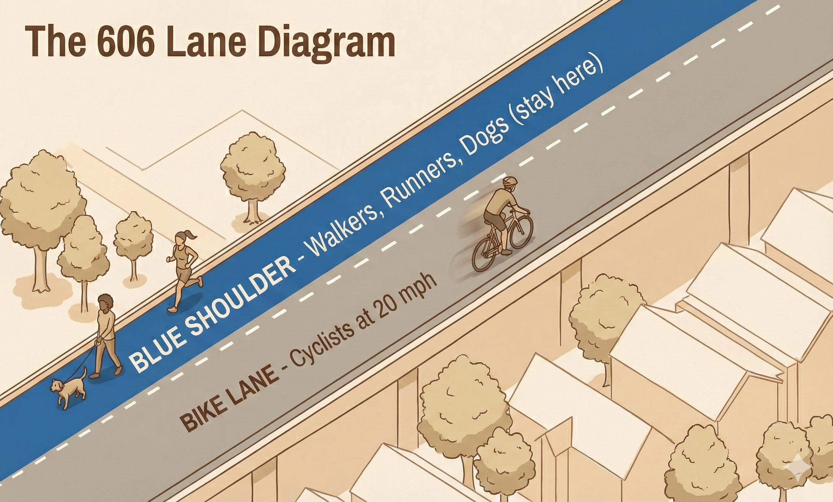 The 606 Trail lane diagram showing blue shoulder for walkers and dogs vs main bike lane for cyclists