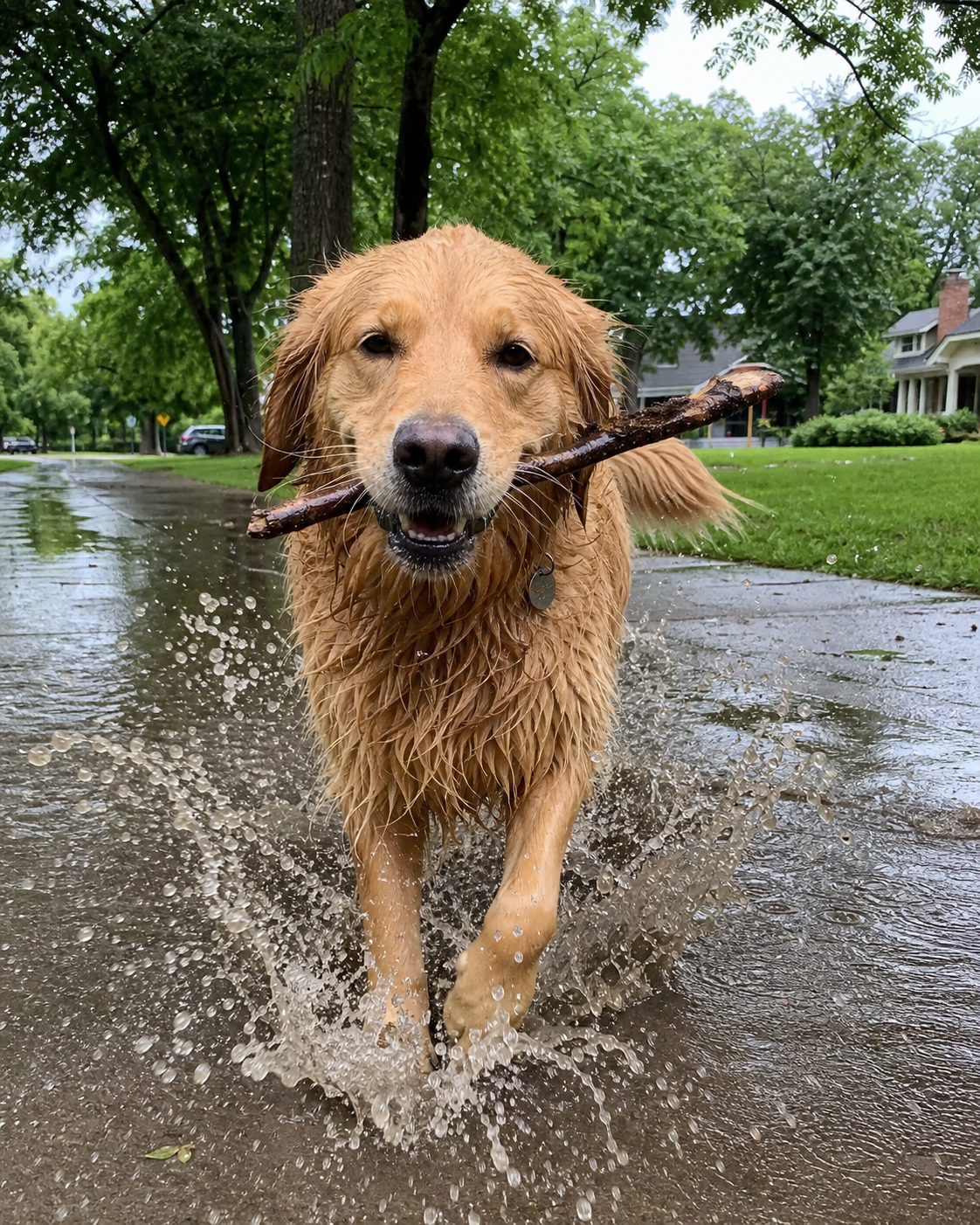 Milo running through a puddle with a stick on Maya’s walk