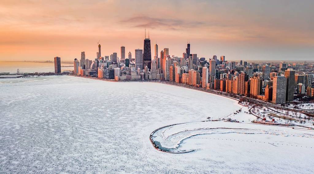 Chicago winter skyline - dog walking in the cold