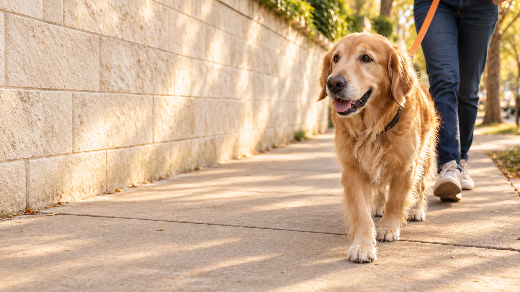 A golden retriever enjoying a sunny walk on an orange leash