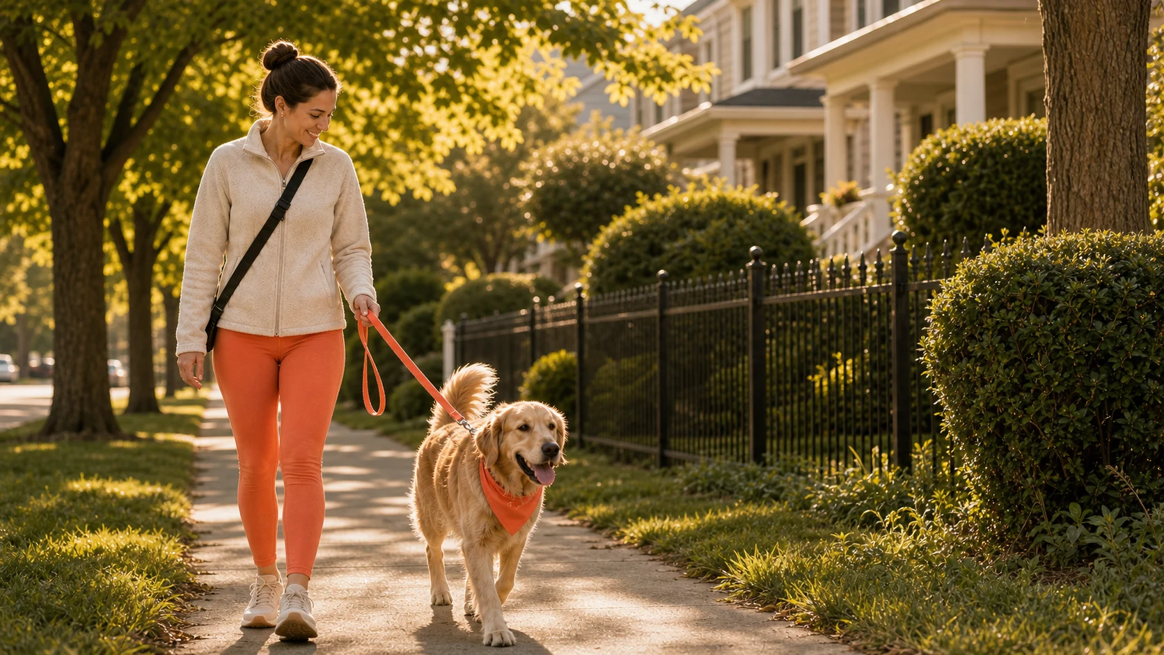 A golden retriever and his person finding a sunny new street together