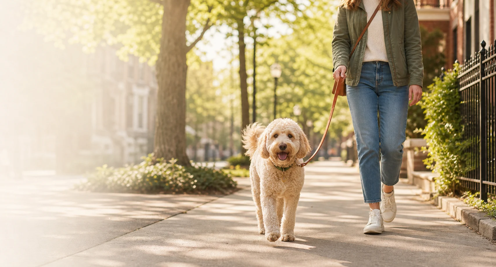 Pet parent walking a happy dog on a quiet sunlit sidewalk
