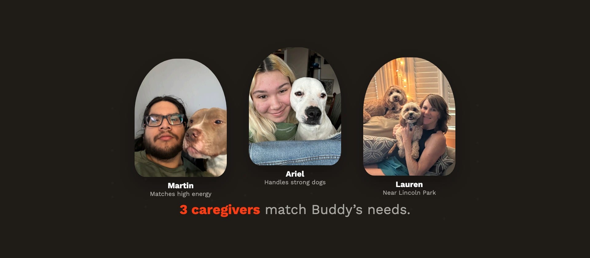 Three vetted Tails caregivers matched to a dog named Buddy