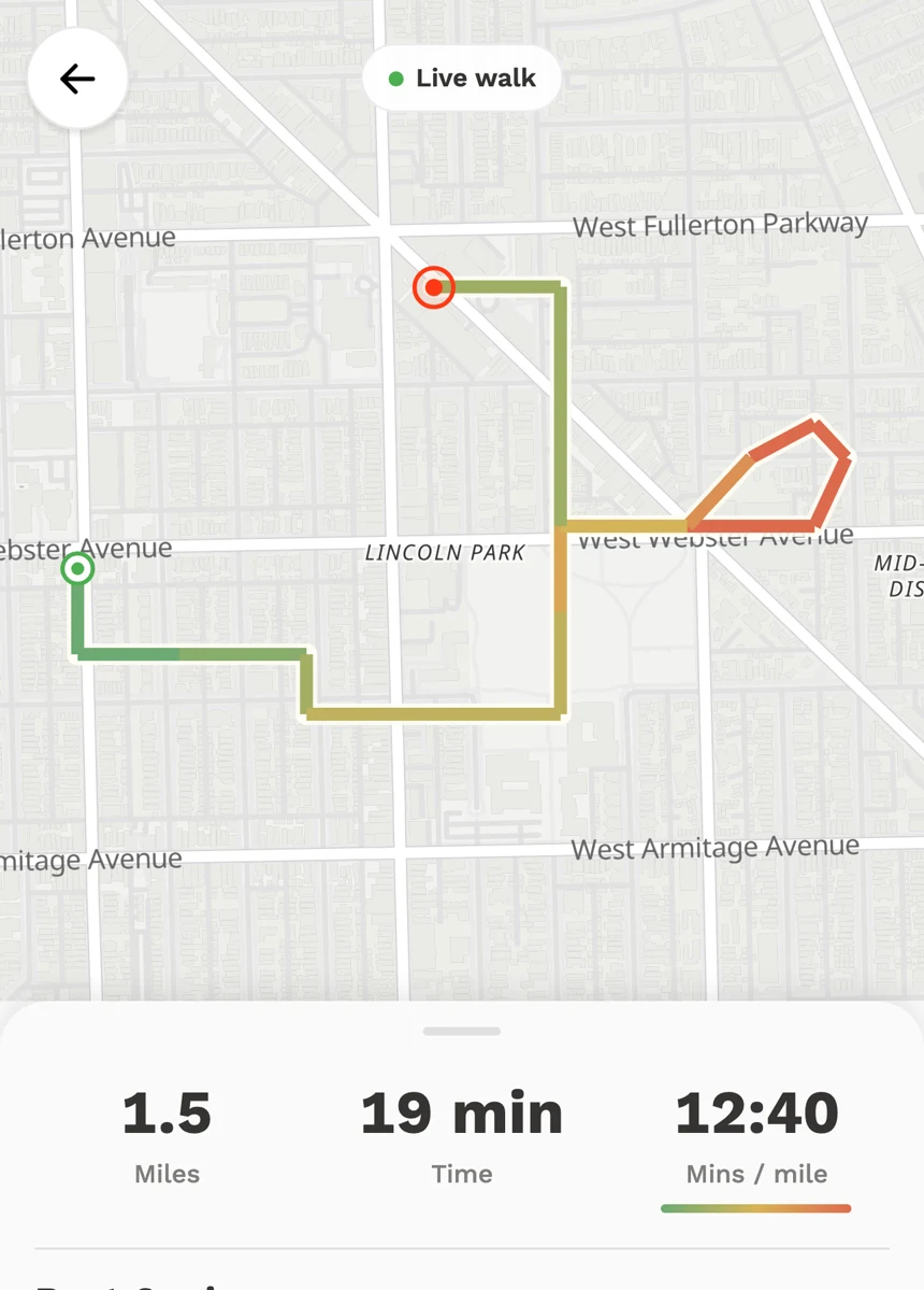 A live walk in the Tails app: GPS route through Lincoln Park with distance, time, and pace