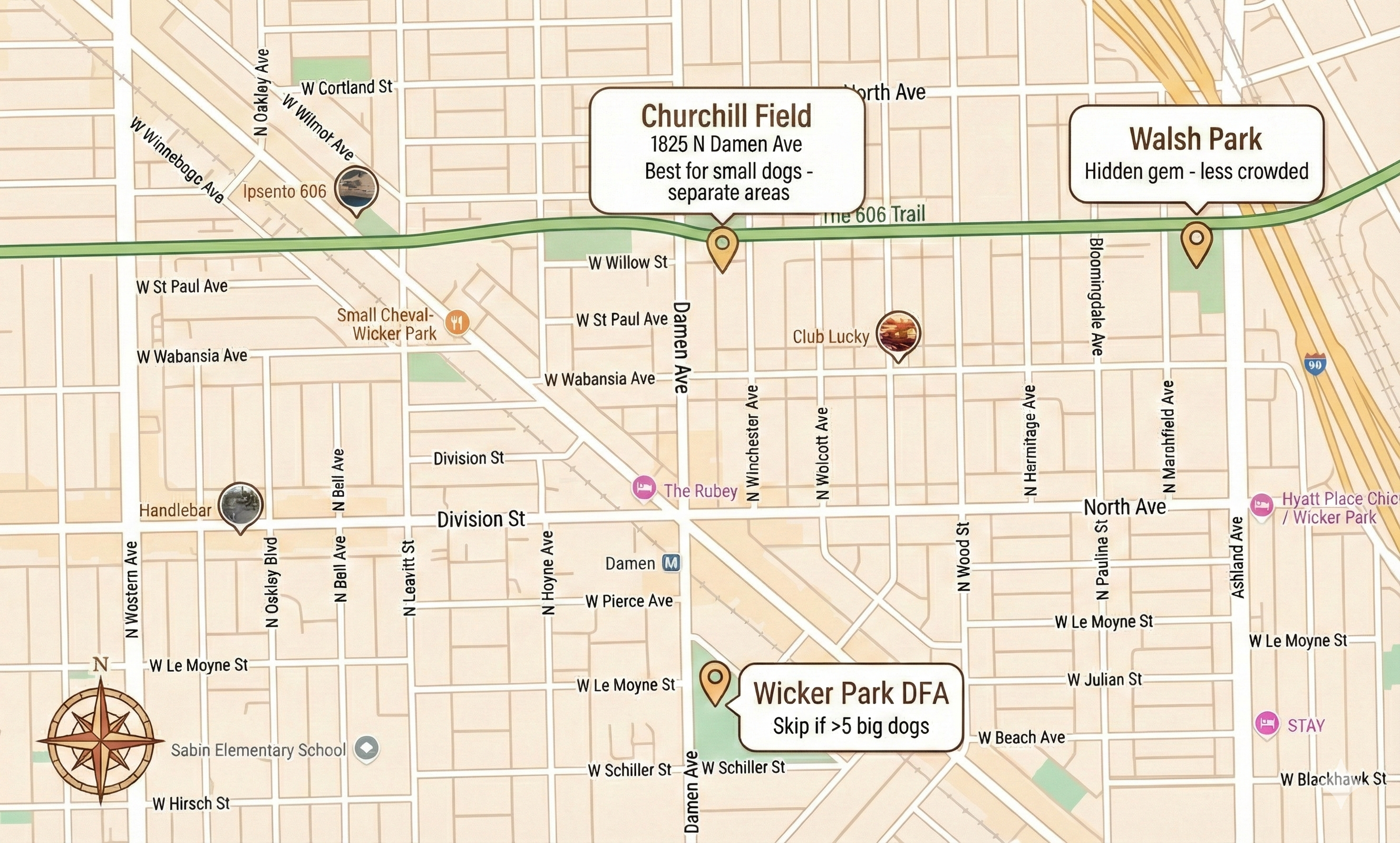 Map of Wicker Park dog parks showing Churchill Field, Wicker Park DFA, and Walsh Park locations